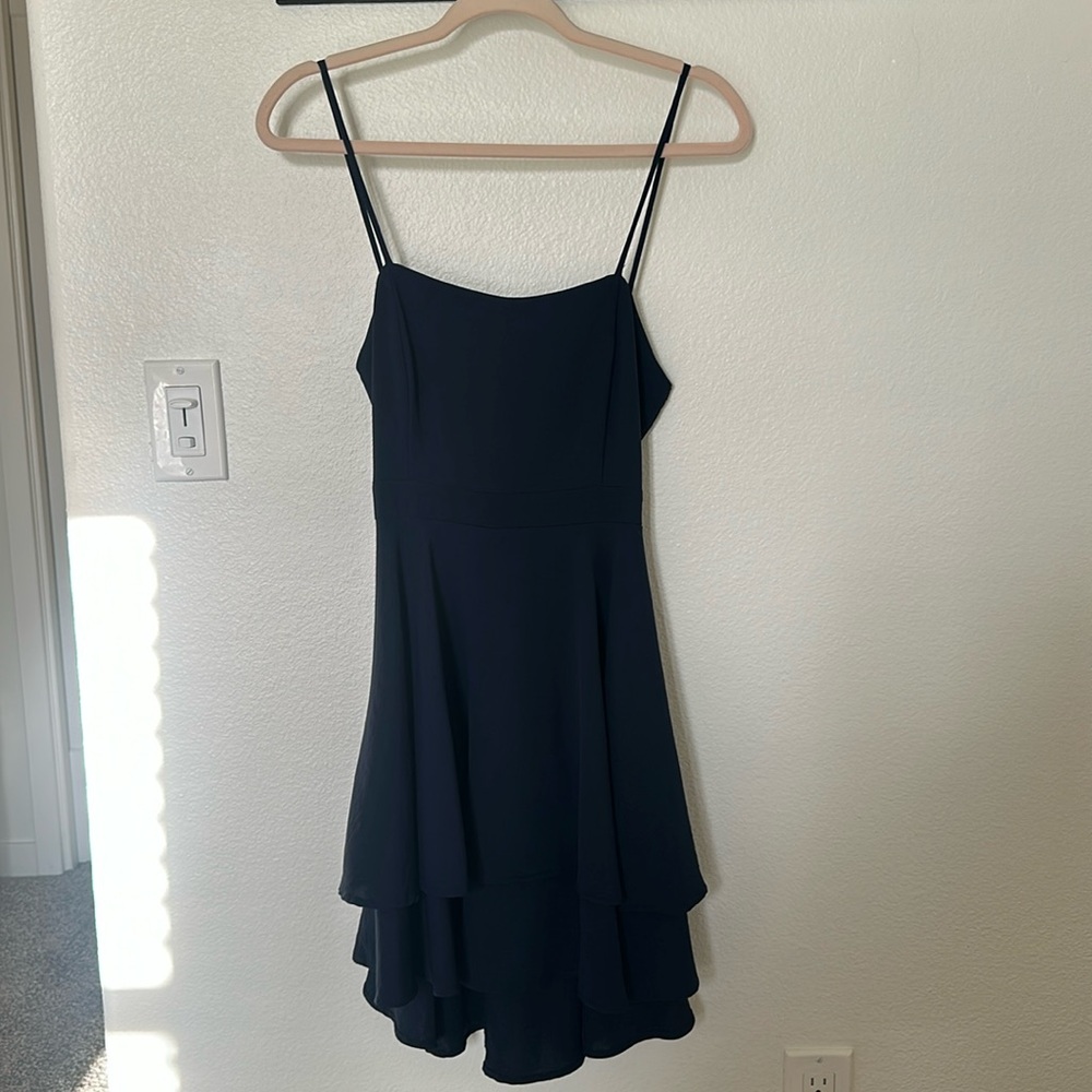 navy a-line tie back dress
